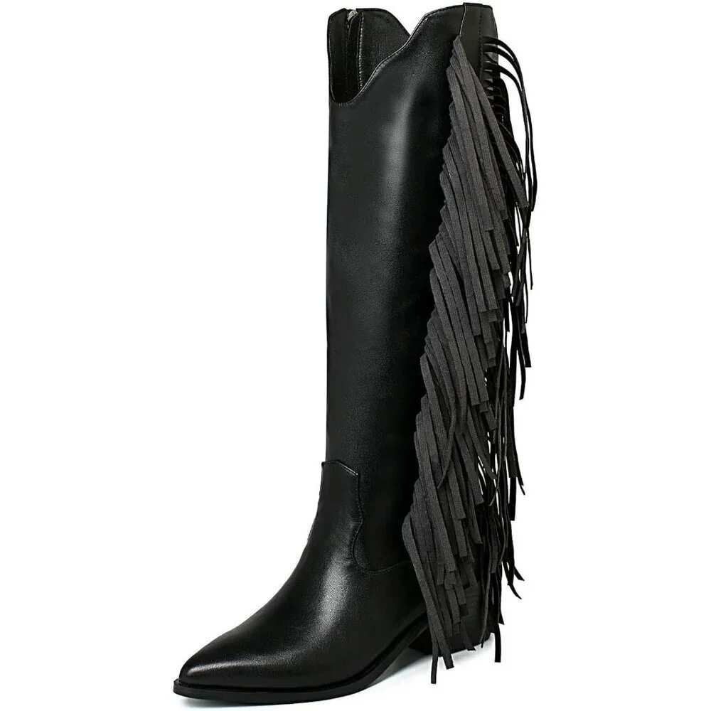 Women Black Synthetic Fringe Tassels Pointed Toe Knee High Western Cowgirl Boots